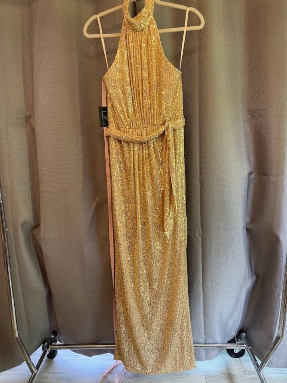 Mac Duggal Gold Size 4 Sequin Halter Neck Column Gown With Tie Belt Dress